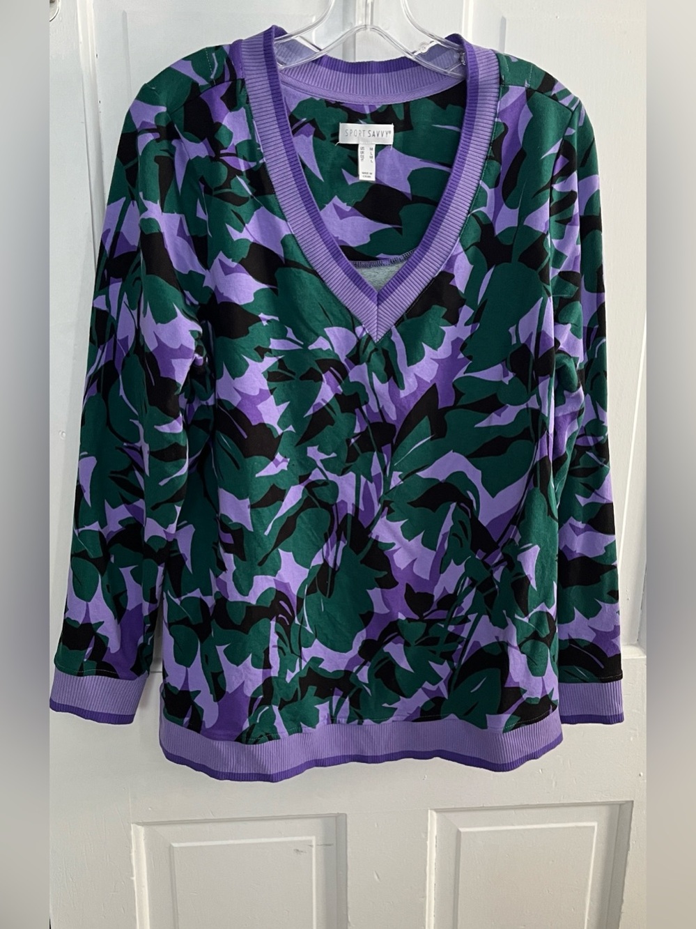 Sport Savvy Sweatshirt size M Purple Green Black V Neckline